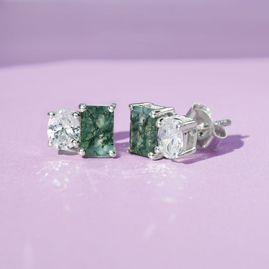 Forest Duo Earrings - Moss Agate and White Topaz