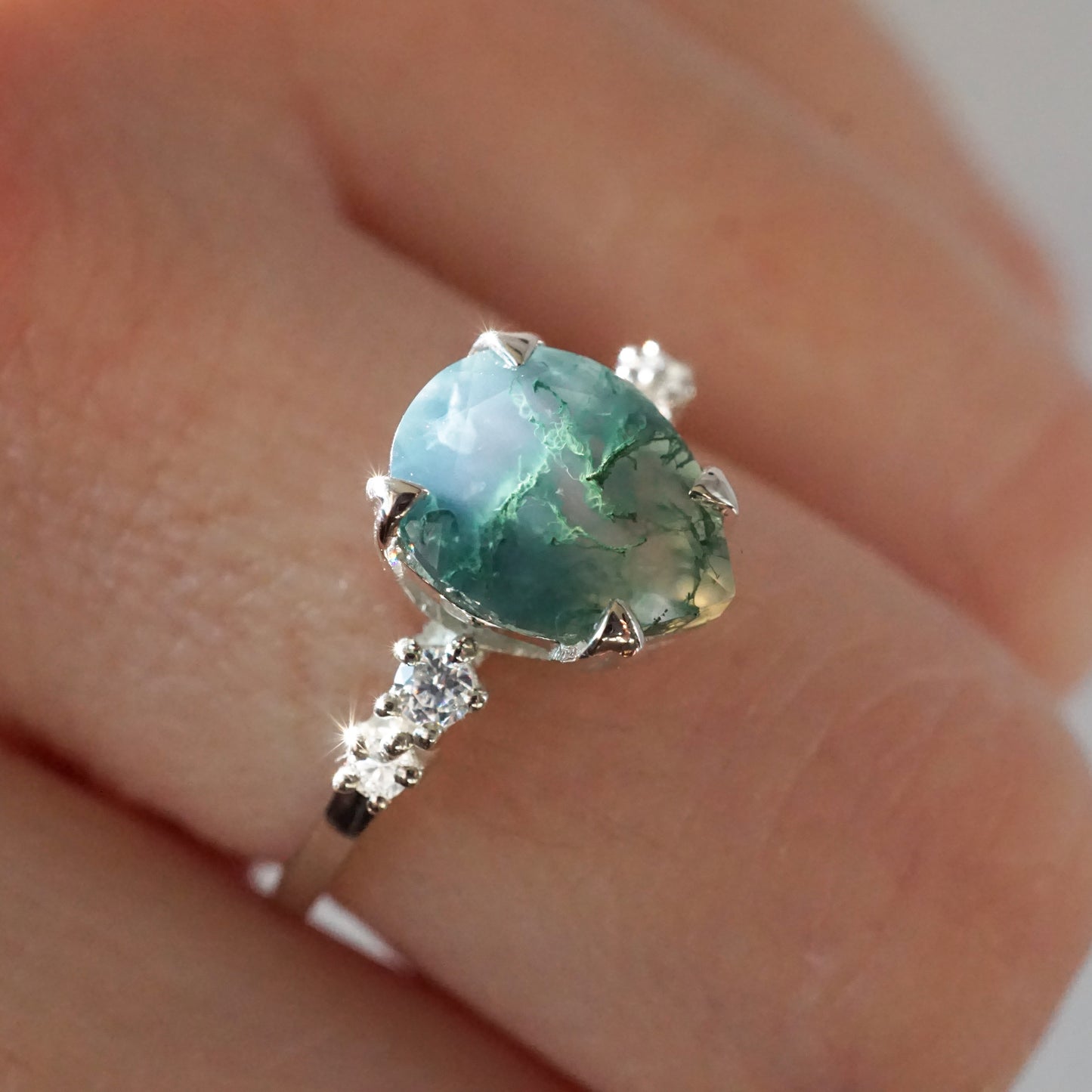 Fern Ring - Moss Agate and White Topaz