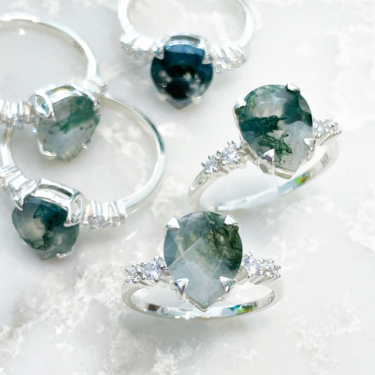 Fern Ring - Moss Agate and White Topaz